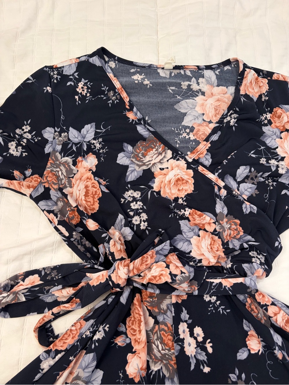Pinkblush Navy Floral Wrap Midi Dress with Peach Blooms - Picture 2 of 3